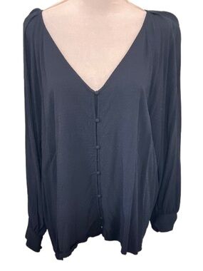 Old Navy Black V-Neck Long Sleeve Button Down Blouse XXL Minimalist Casual Flowy